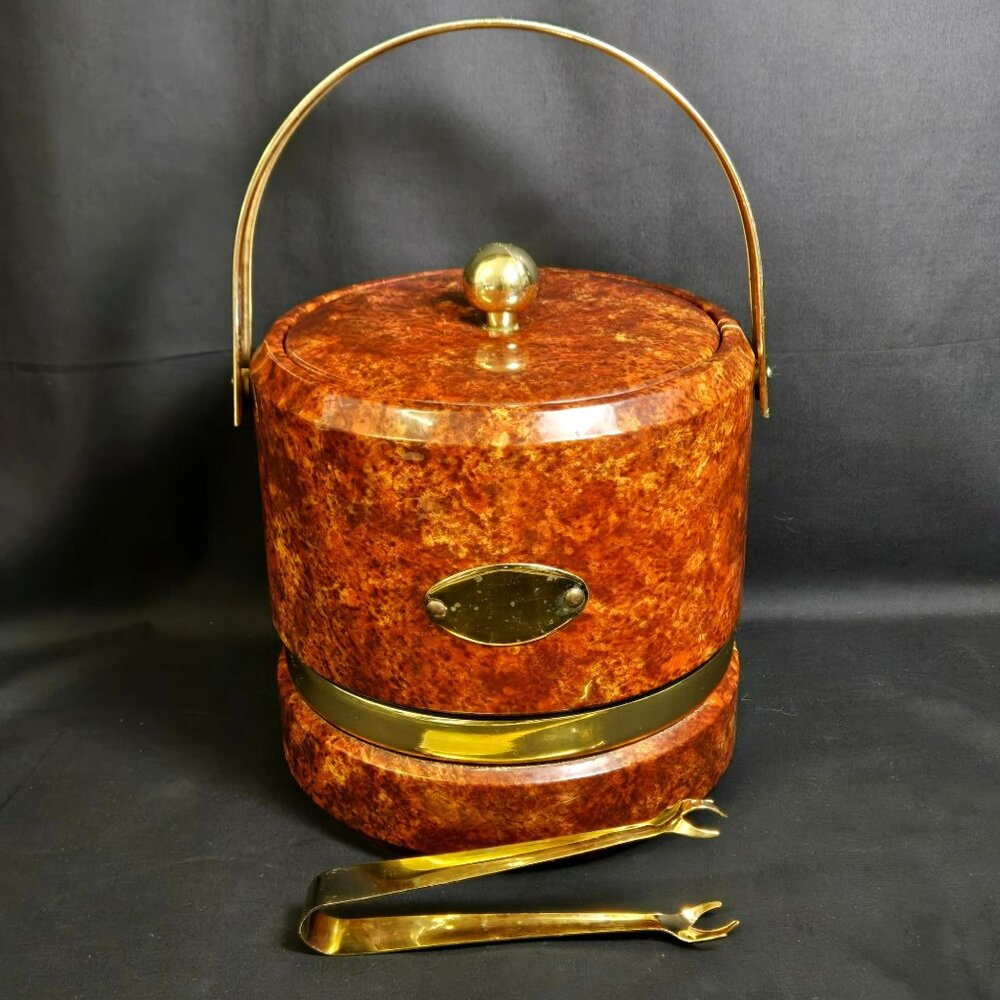 Vintage MCM Faux Burl Wood Ice Bucket w Brass Handle Lid & Tongs Retro Barware
